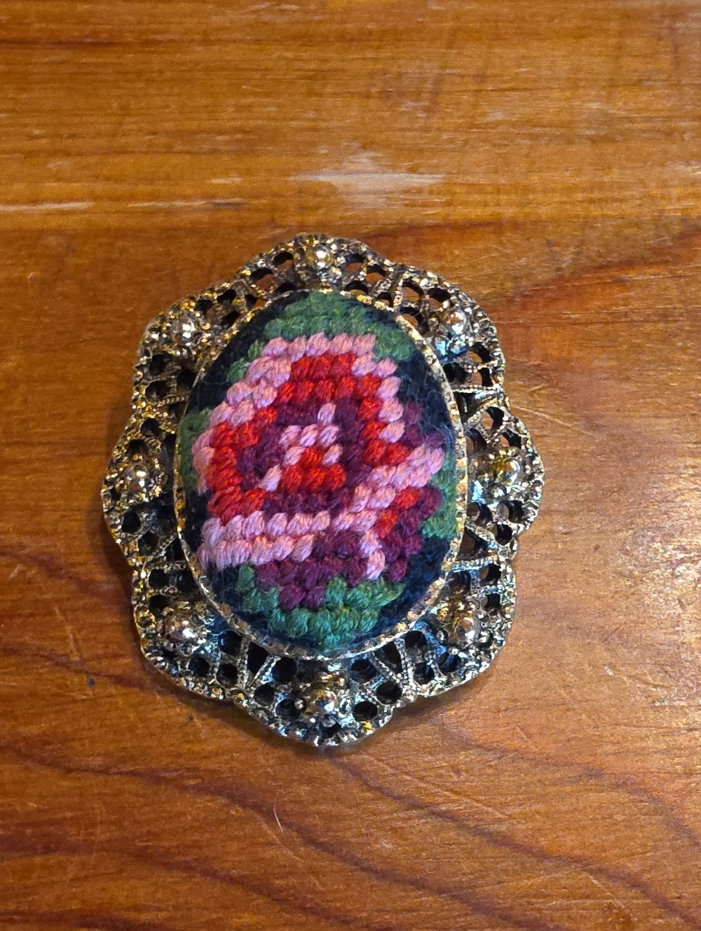 Vintage Victorian Rose Needlepoint Grannycore Pin Brooch